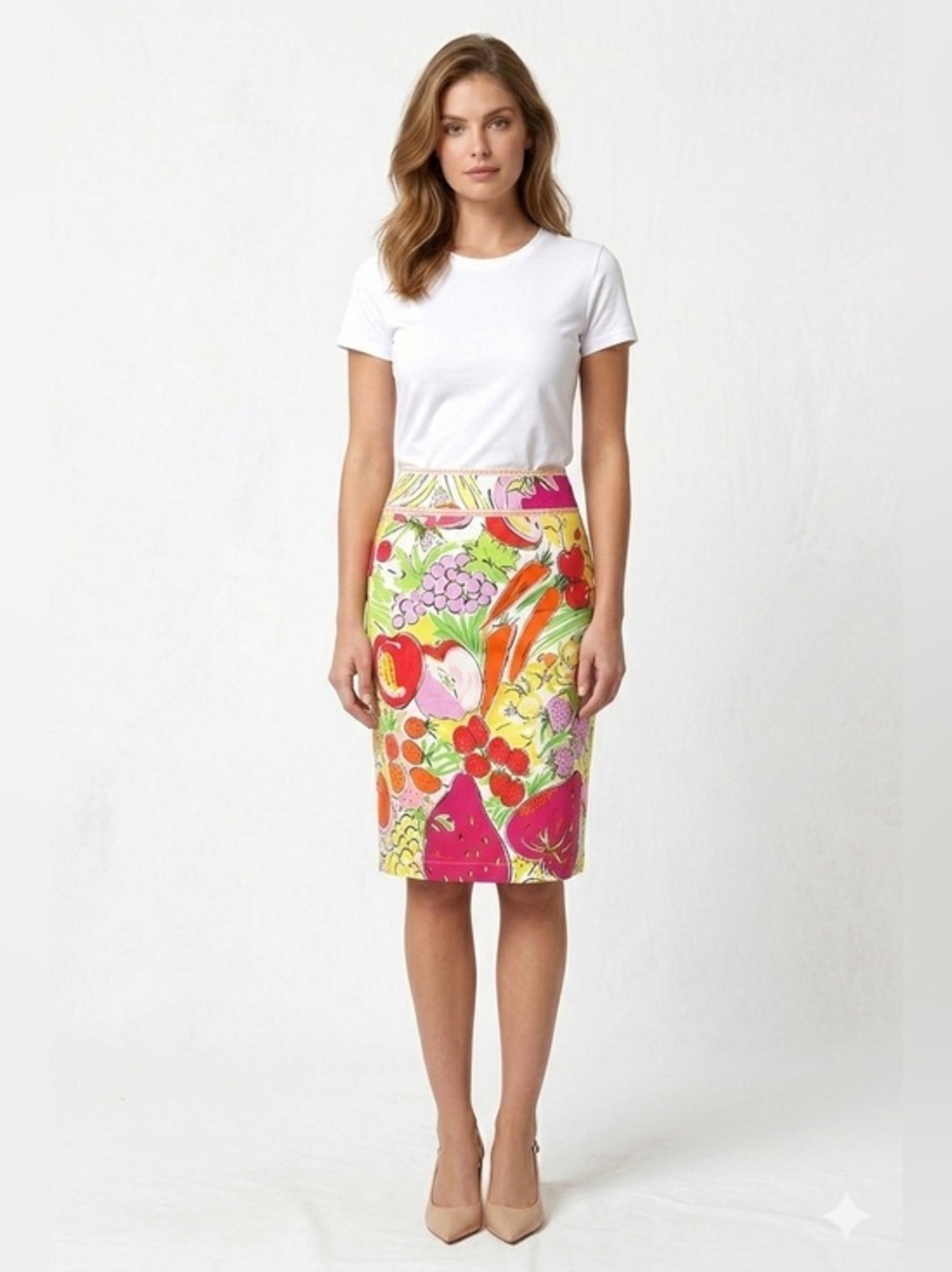 Moschino Jeans 90s Archival Fruit Vegetable Novelty Print Pencil Skirt Size 6⁠